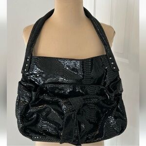 Perlina Glossy Black Snakeskin Shoulder Bag